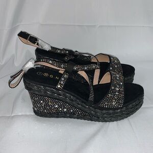 PLATFORM RHINESTONE BLACK WEDGE SANDAL